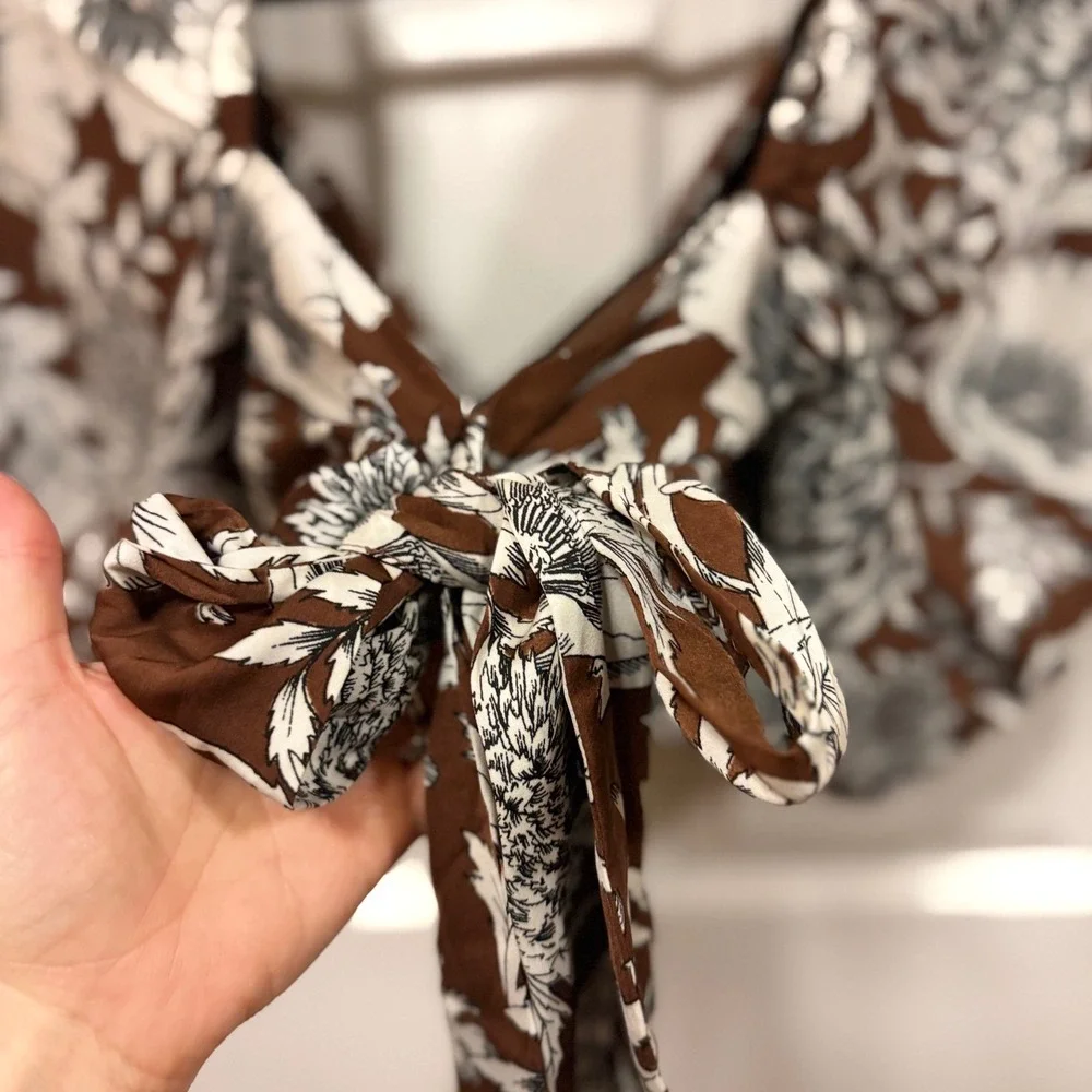 Express Womens Brown Floral Puff Sleeve Crop Top Tie Back Surplice Size 0 - Picture 5 of 14